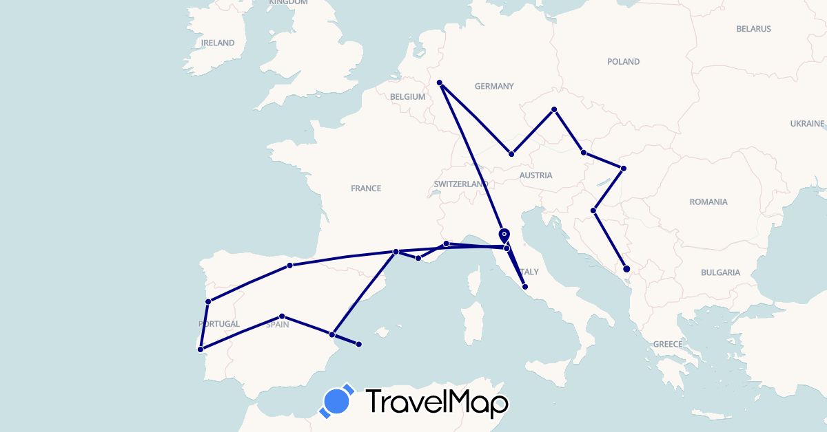 TravelMap itinerary: driving in Austria, Czech Republic, Germany, Spain, France, Croatia, Hungary, Italy, Montenegro, Portugal (Europe)